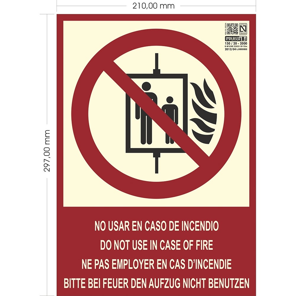 Señal No Usar En Caso Incendio Idiomas 29,7 X 21 Cm