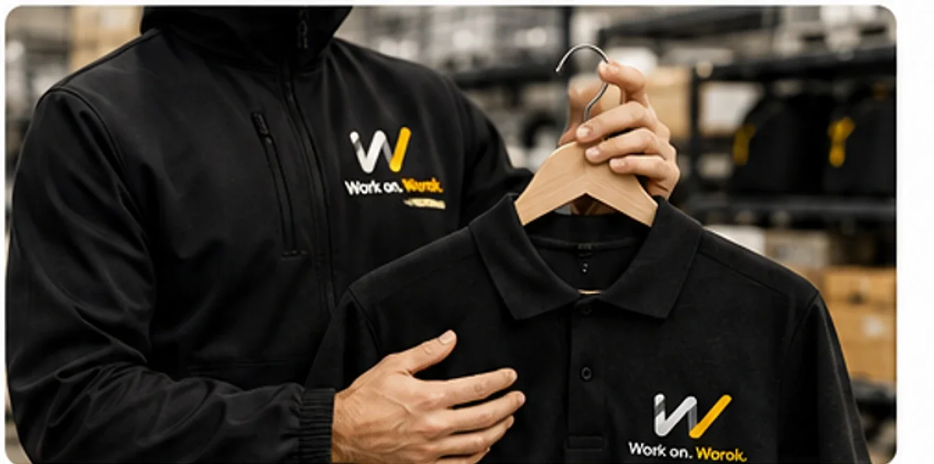 Trabajador de Worok sosteniendo una prenda de trabajo negra personalizada con el logotipo bordado.