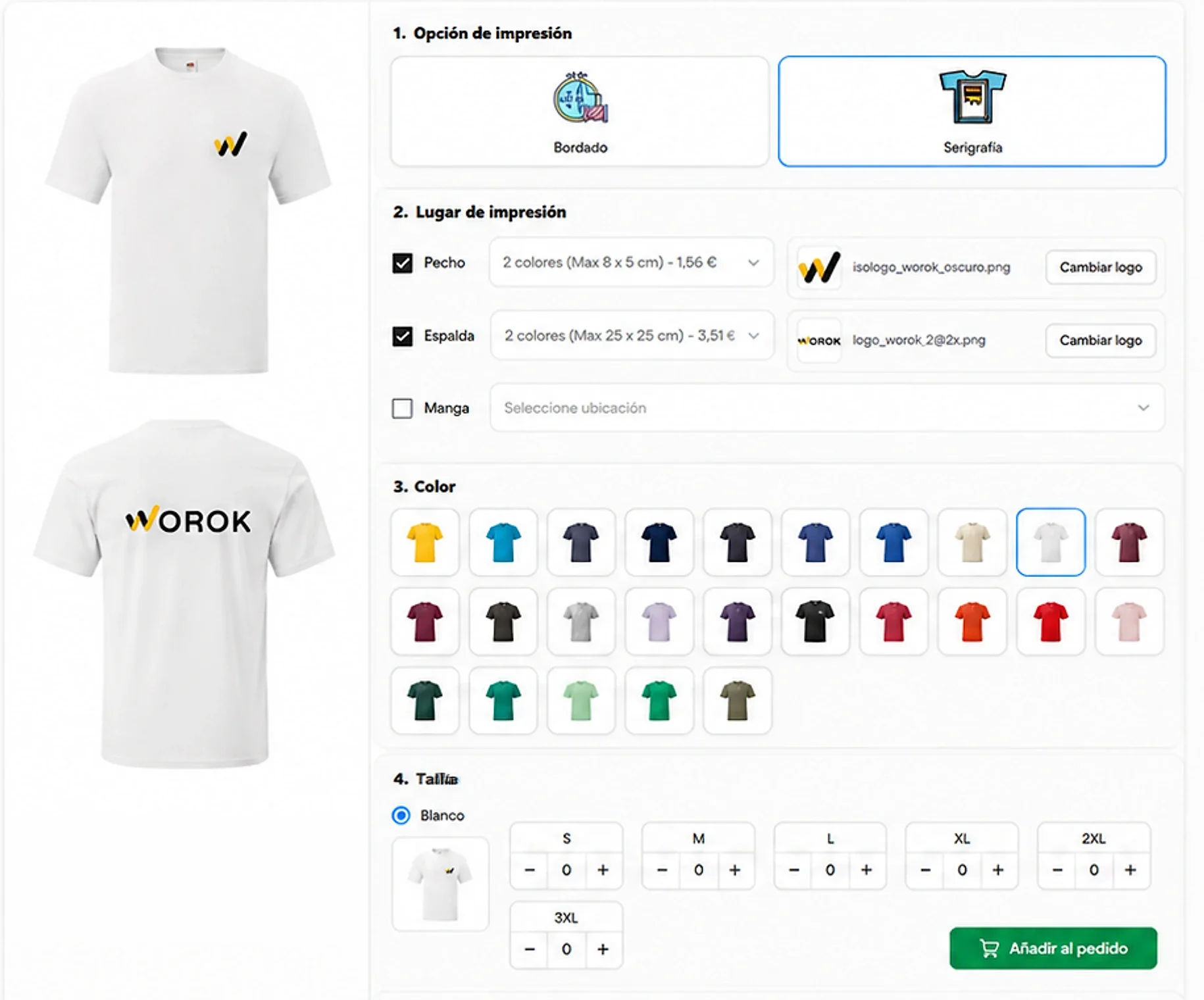 Módulo de personalización de Worok: vista previa de la camiseta por delante y por detrás con el logo aplicado, y panel para elegir opción de impresión, lugar del logotipo, color y talla.
